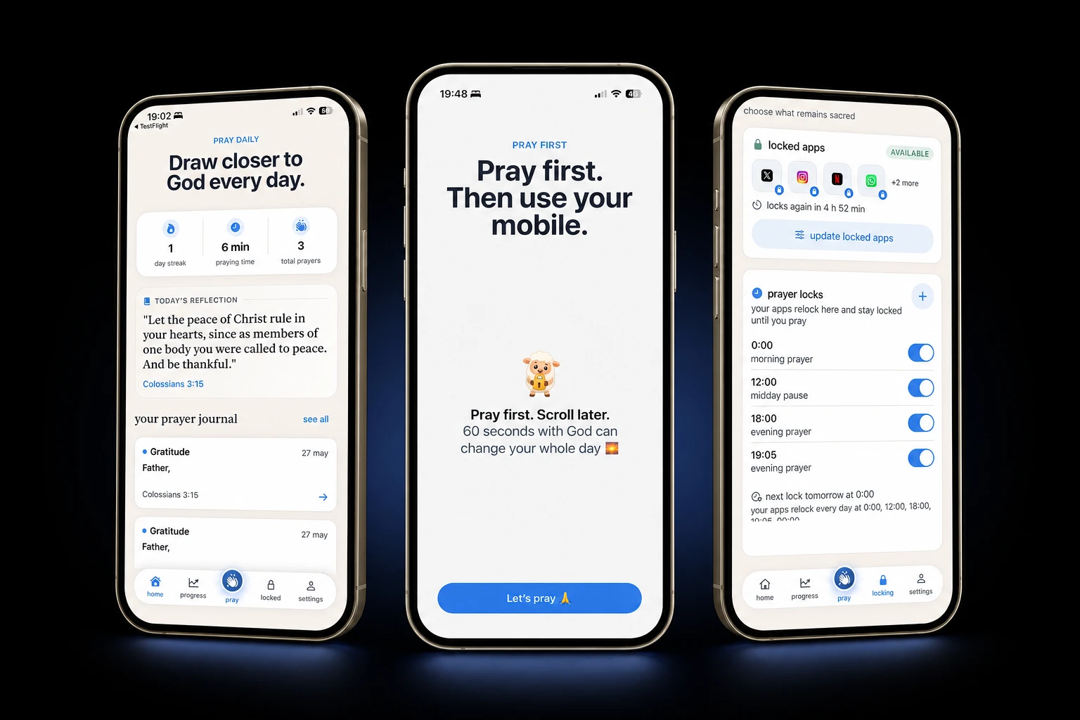 Faithlocked app shown across three polished iPhone screens