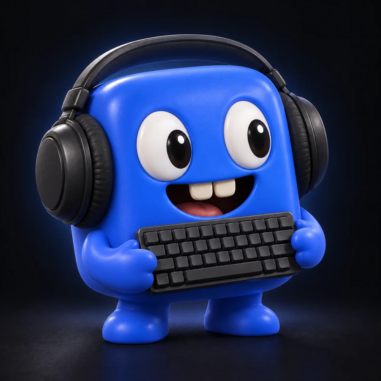 A playful blue app mascot wearing headphones and holding a keyboard