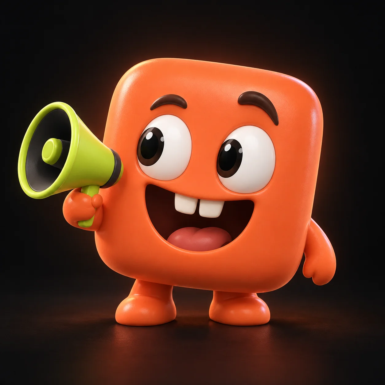 A smiling coral app mascot holding a lime-green megaphone
