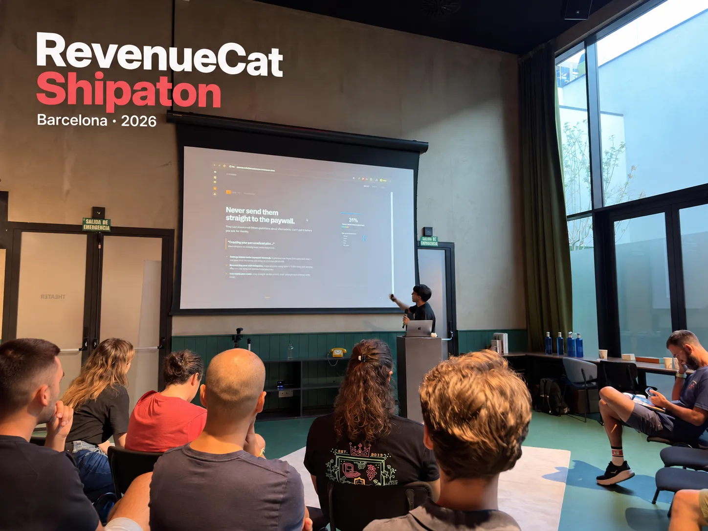 Victor González presenting to an audience at RevenueCat Shipaton Barcelona 2026, with an event-title overlay