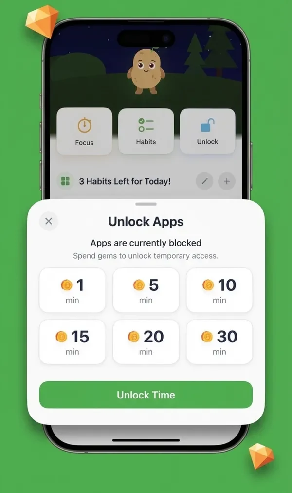 Spudy unlock apps with gems screen