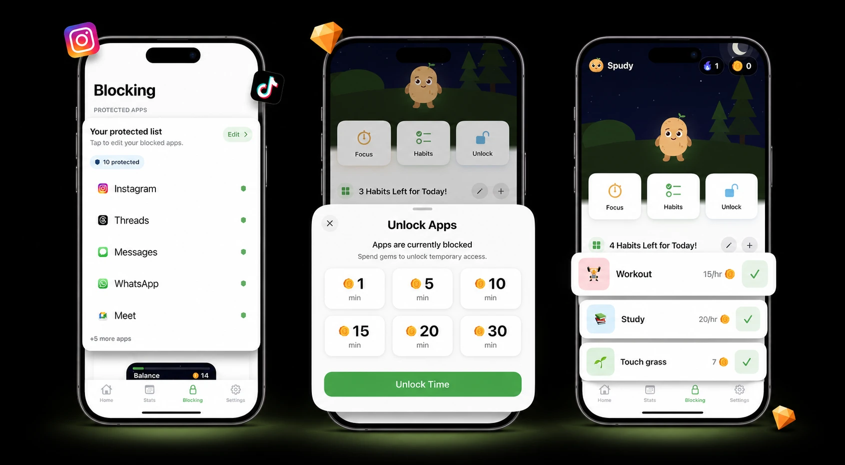 Spudy app shown across three polished iPhone screens