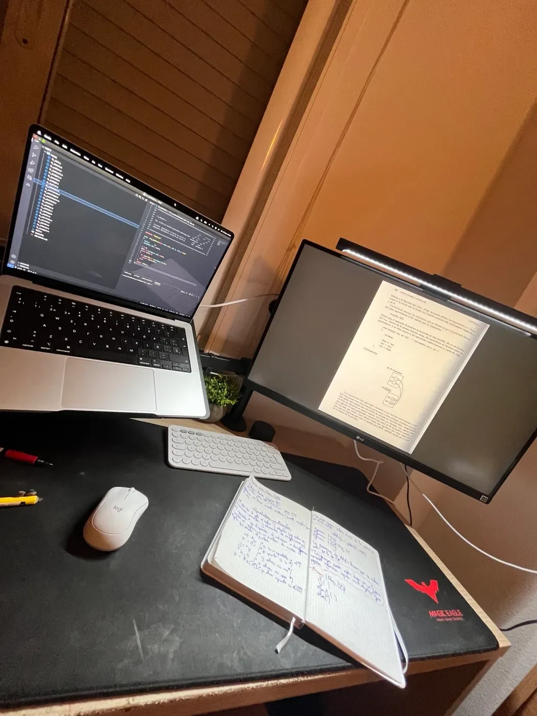 Home desk setup with a laptop, monitor and handwritten study notes