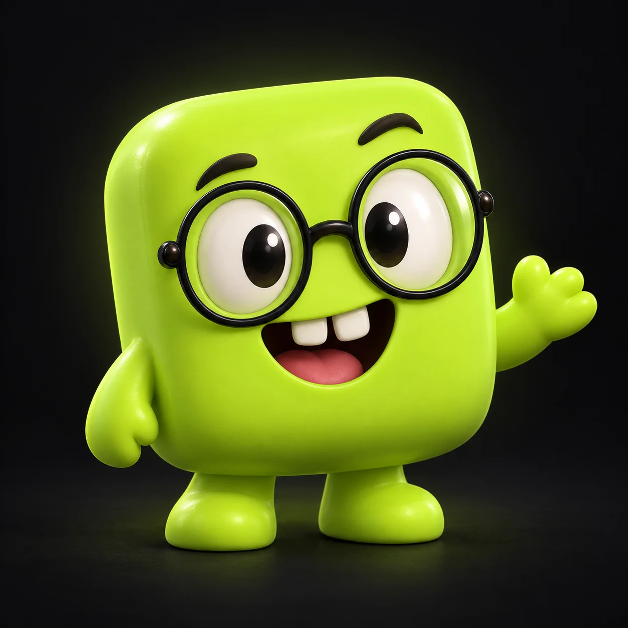 A cheerful lime-green app mascot with round glasses, waving hello